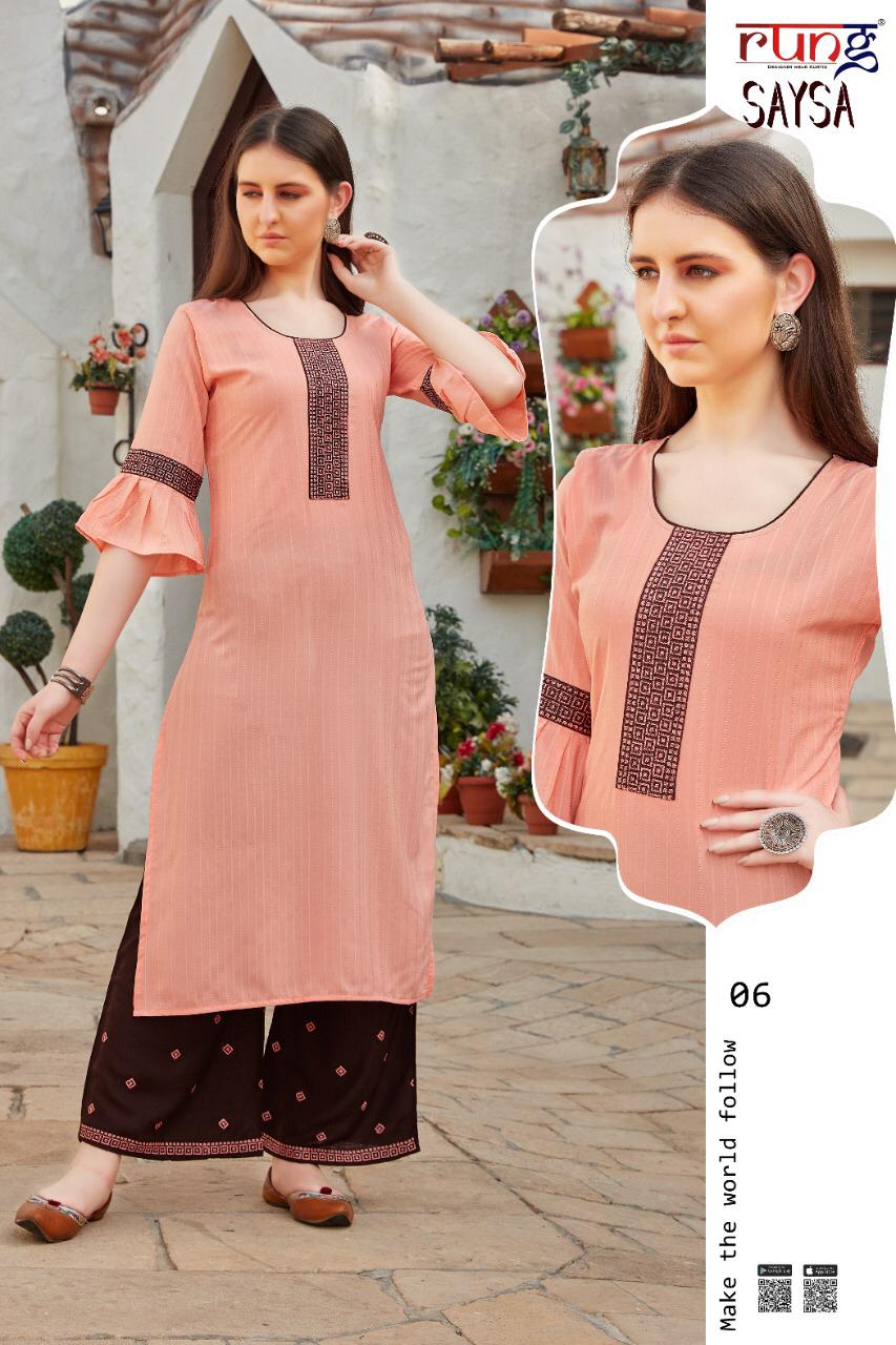 Rung Sasya Heavy Slub Latest Fancy Designer Casual Wear  Lining With heavy Hand Work Rayon With Embroidery Work Western Kurti With Bottom Collection